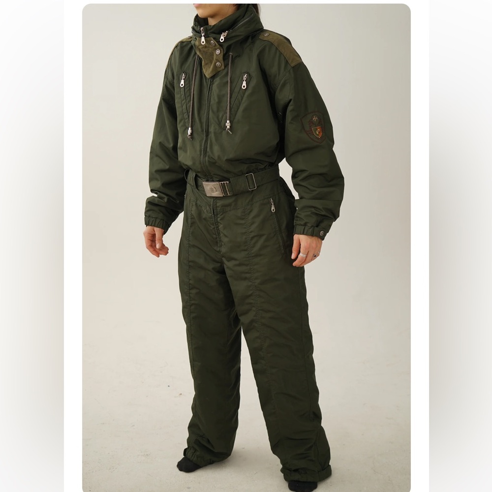 Vintage one piece Metropolis ski suit, retro dark green snow suit size 8